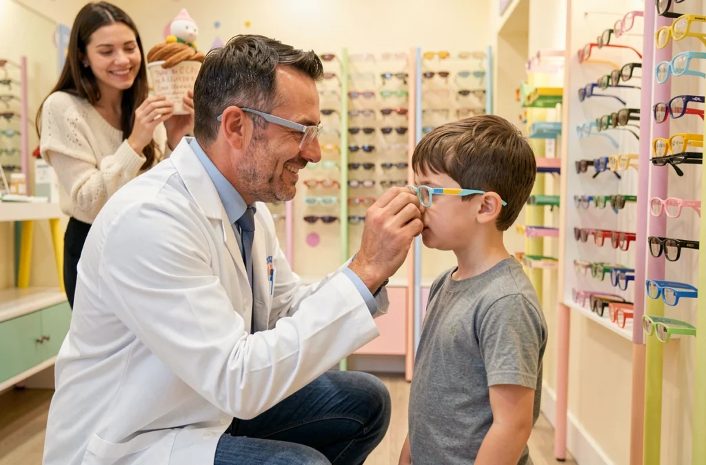Opticien Philippe Roncalli Optikid aidant un enfant à essayer des lunettes colorées sous le regard bienveillant de sa mère