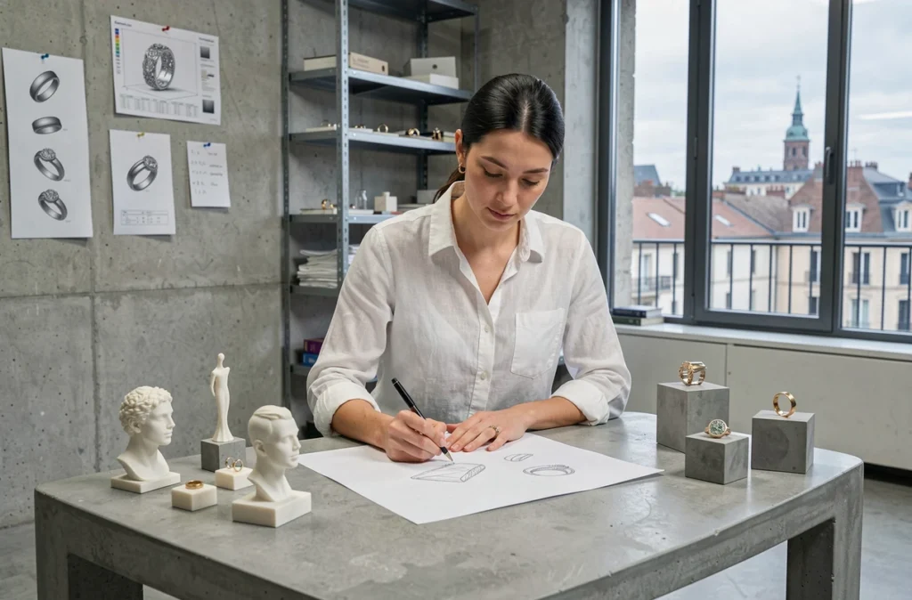 Créatrice de bijoux dessinant des modèles dans l'atelier Numéro 7 Joaillerie à Clermont-Ferrand