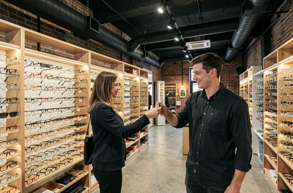 Opticien d'Optical Factory Toulouse présentant une large sélection de montures accessibles dans un espace au style loft industriel