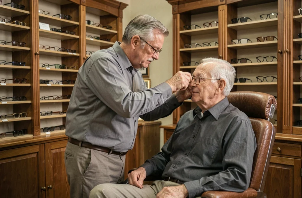 L'opticien Bernard Dandieu ajustant avec soin des lunettes sur un client âgé dans une boutique au cadre classique et artisanal