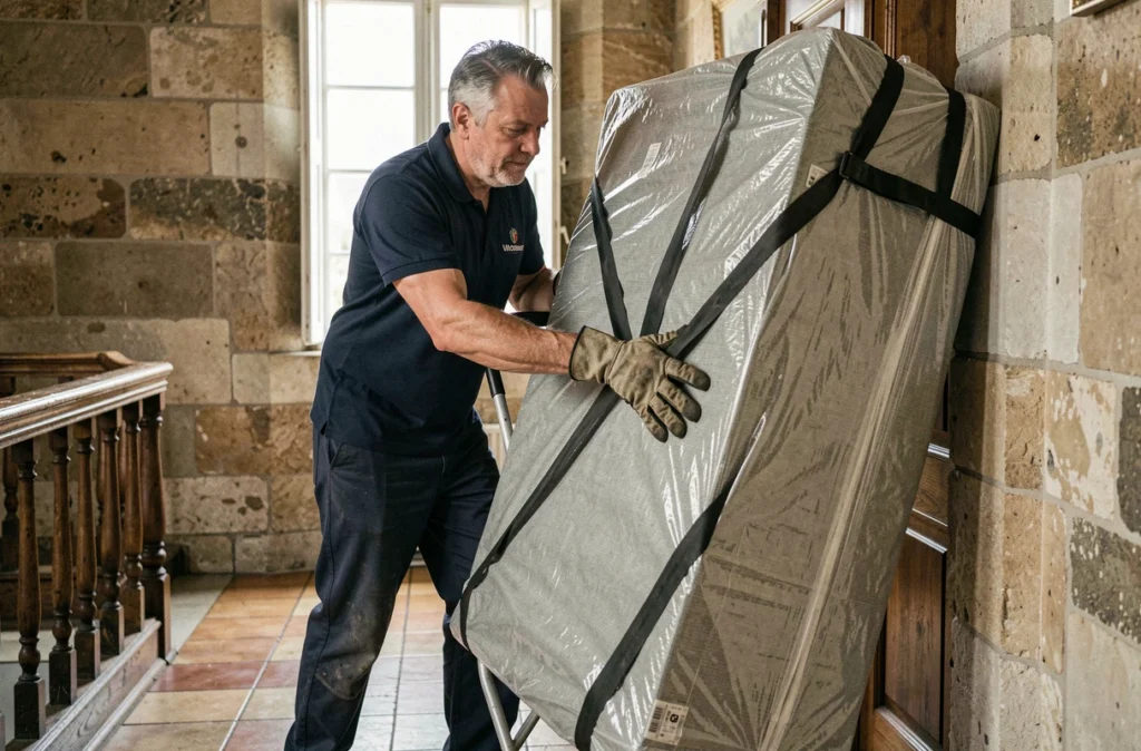 Déménageur d'Orleans Manutention Déménagement maniant une armoire dans un couloir en pierre
