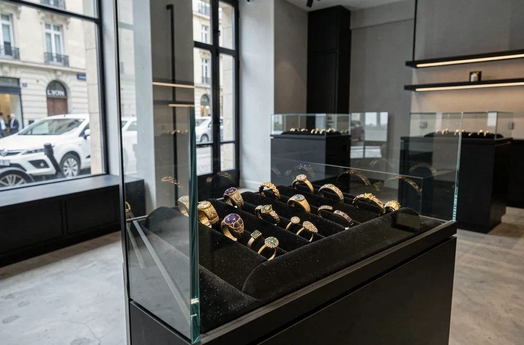 Vitrine de bagues artisanales en or et pierres précieuses dans la bijouterie Remy Challier Créations à Lyon