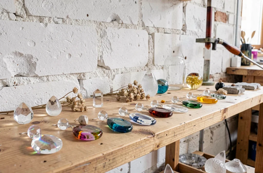 Collection de bijoux en cristal soufflé et verre coloré exposée dans l'atelier Souffle de Cristal à Lyon