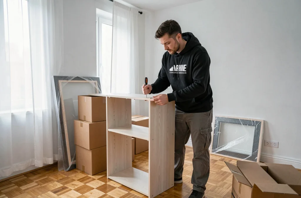 Déménageur Sty Déménagement assemblant une étagère dans un appartement fraîchement rénové