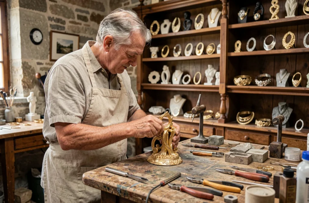 Artisan joaillier travaillant sur une pièce sculpturale unique dans l'atelier Tournaire à Montbrison