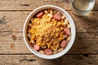 Assiette de cassoulet gratiné avec haricots blancs et saucisses