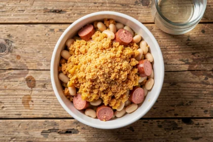 Assiette de cassoulet gratiné avec haricots blancs et saucisses