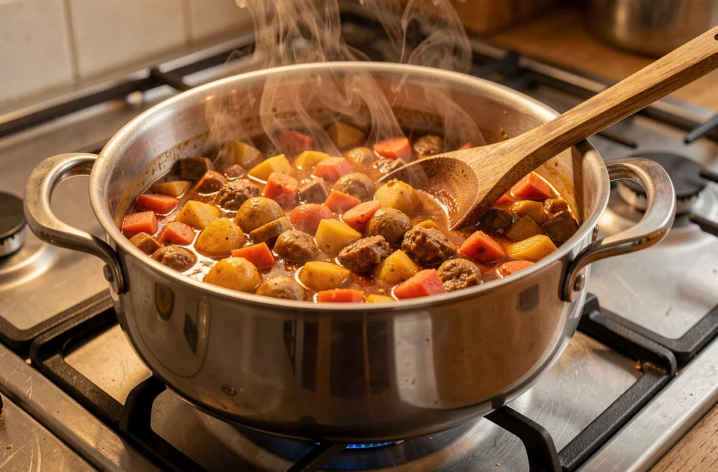 Cassoulet qui mijote à feu doux dans une casserole avec une cuillère en bois