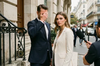 Couple politique posant devant un immeuble parisien face aux photographes de presse
