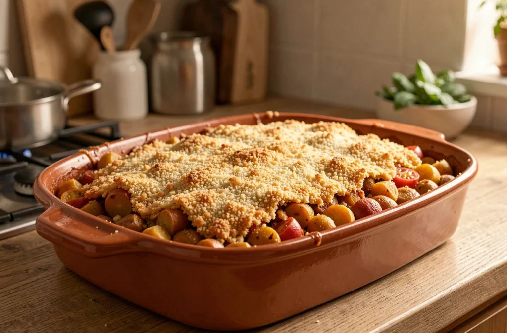 Plat en terre cuite de cassoulet à la croûte dorée sorti du four