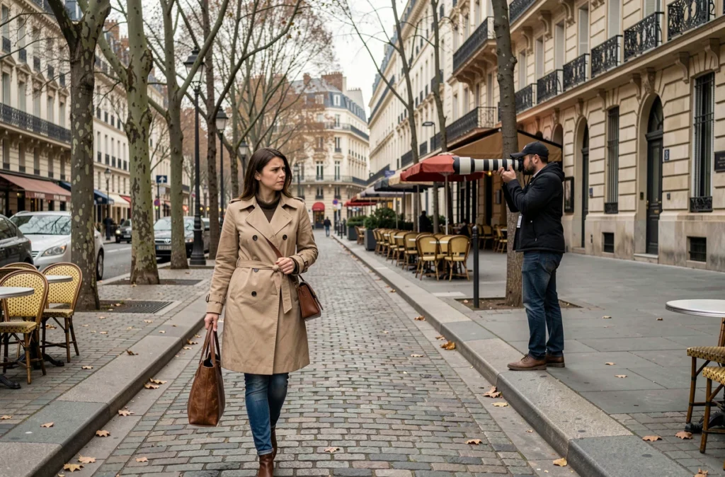 Femme de personnalité politique photographiée à son insu dans une rue parisienne par un paparazzi